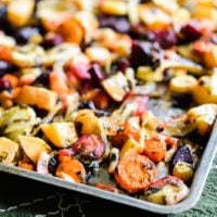 This winter root veggie roast combines carrots, parsnips, beets, fennel, and more until crisp with a flavorful lemon-parsley vinaigrette. It is the perfect way to enjoy the season's bounty of root vegetables!