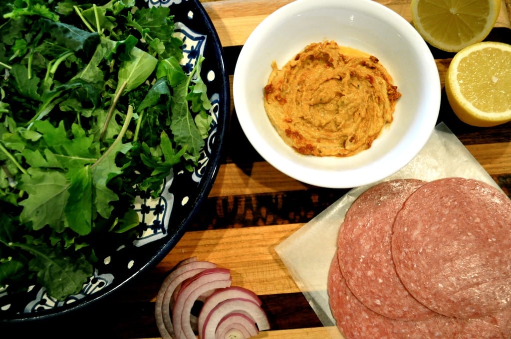 spicy salami and hummus salad