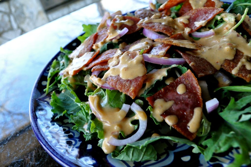 spicy salami and hummus salad