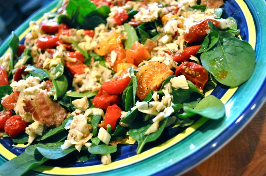 BLT salad on a blue plate