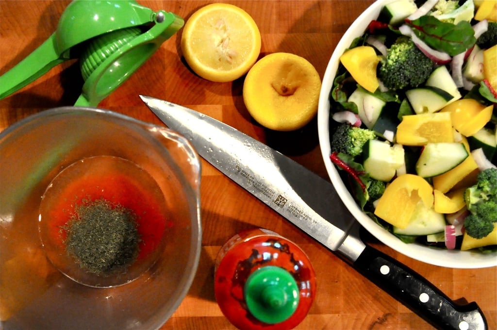 overhead view of dill chicken summer salad ingredients