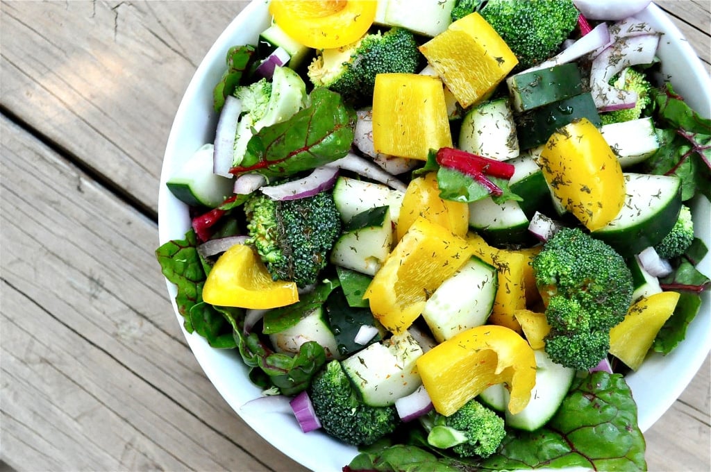 overhead view of dill chicken summer salad 