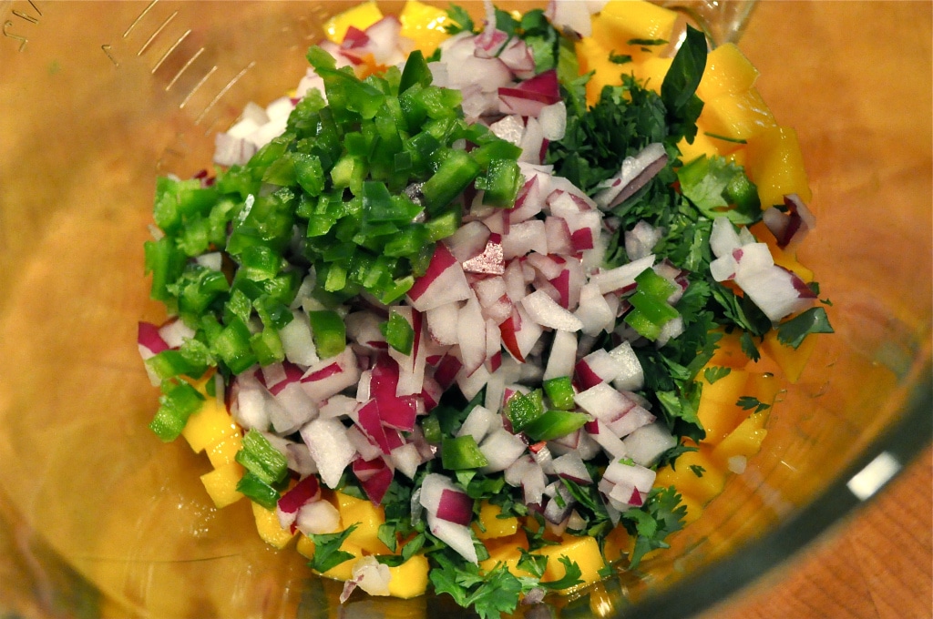 ingredients for mango salsa in a bowl