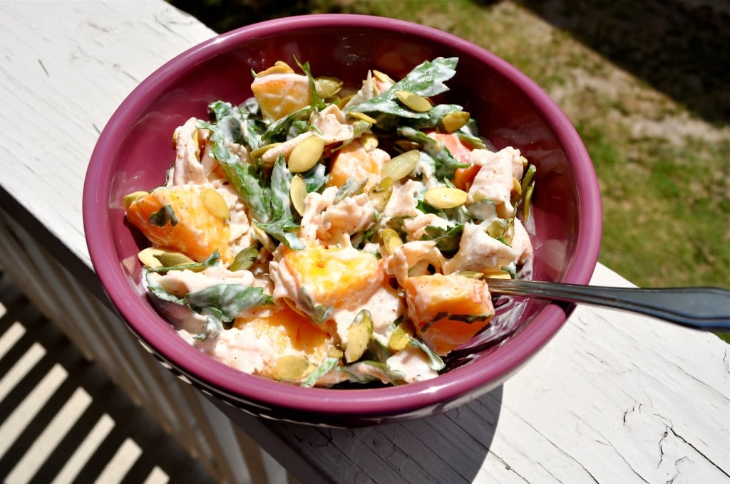 a bowl of creamy turkey peach salad