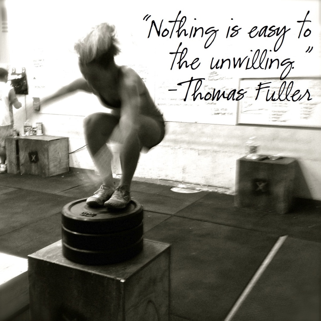 black and white image of woman jumping on box with quote about mental fortitude superimposed