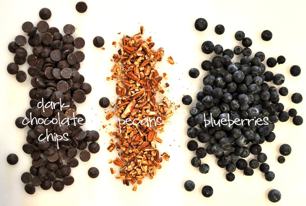 overhead view of the ingredients for dark chocolate blueberry clusters