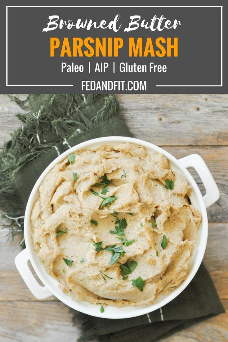 This browned butter parsnip mash is the perfect decadent holiday (or any time) side dish! Roasted parsnips are blended with with browned butter for a luscious dish that will make you forget all about potatoes, and is Paleo, AIP, and Whole30-friendly!