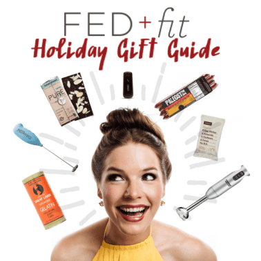 fed & fit holiday gift guide woman with brown hair in a bun with multiple gifts around her head