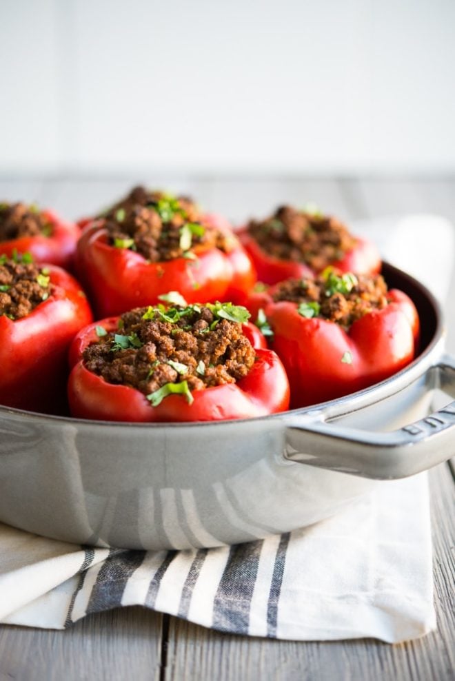 Curried Beef & Butternut Squash Stuffed Peppers in a skillet