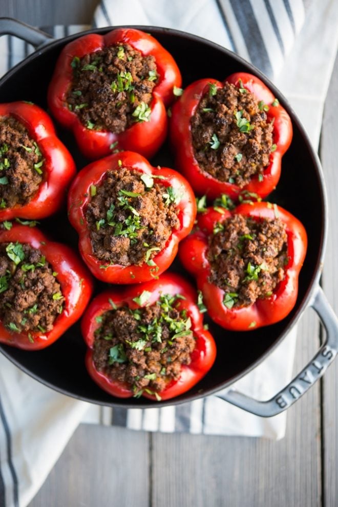 overhead view of Curried Beef & Butternut Squash Stuffed Peppers in a skillet