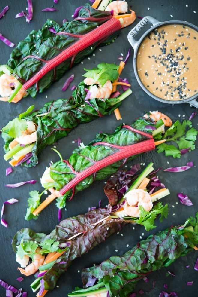 Thai Chard Shrimp Wraps with Peanut Sauce