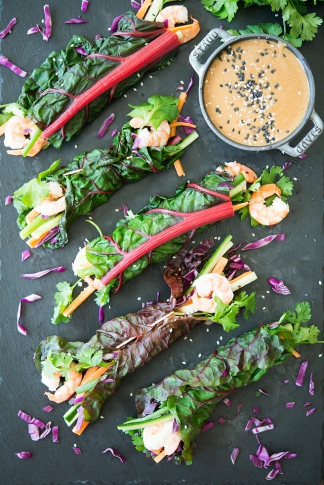 Thai Chard Shrimp Wraps with Peanut Sauce