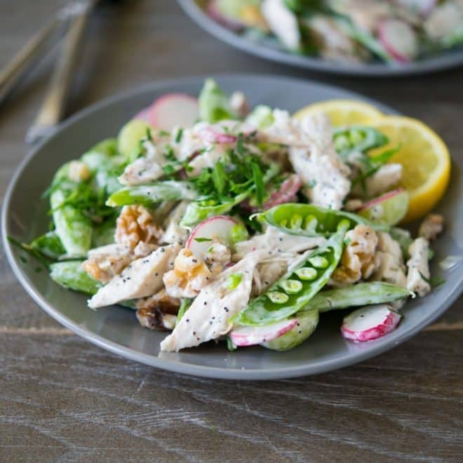 a gray bowl full of chicken salad with snap pea radish slaw on top of a gray napkin