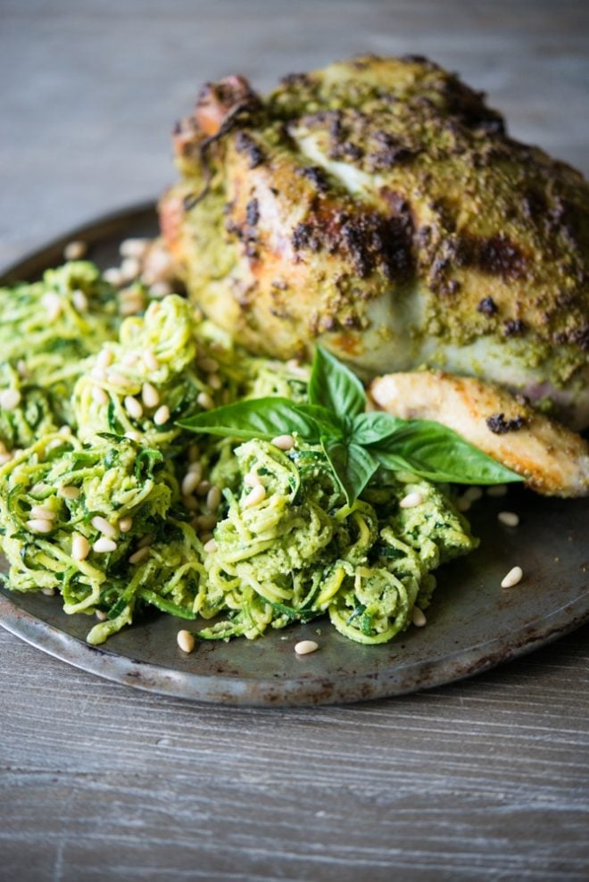 Fennel Pesto Chicken and zucchini spaghetti