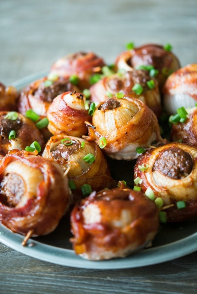 a plate of BBQ Bacon Onion Bombs