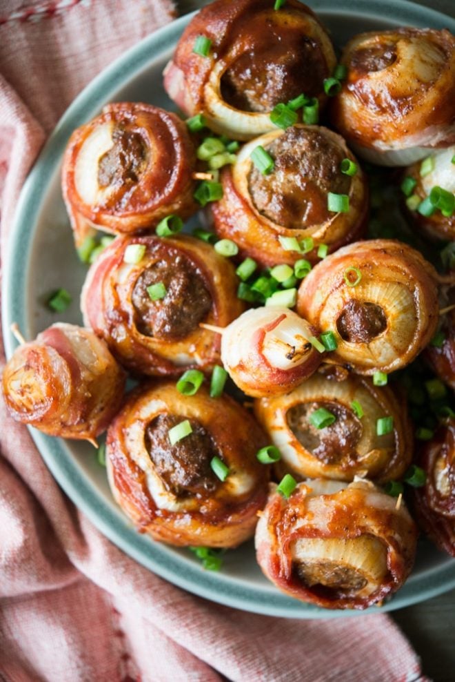 on overhead view of a plate of BBQ Bacon Onion Bombs