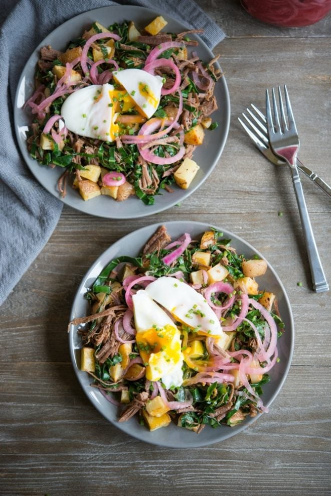 overhead view of two bowls of corned beef breakfast hash