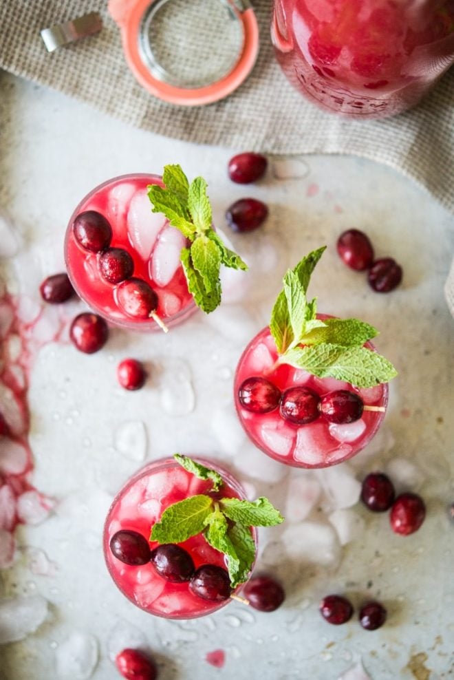 overhead view of glasses of Cranberry Agua Fresca 