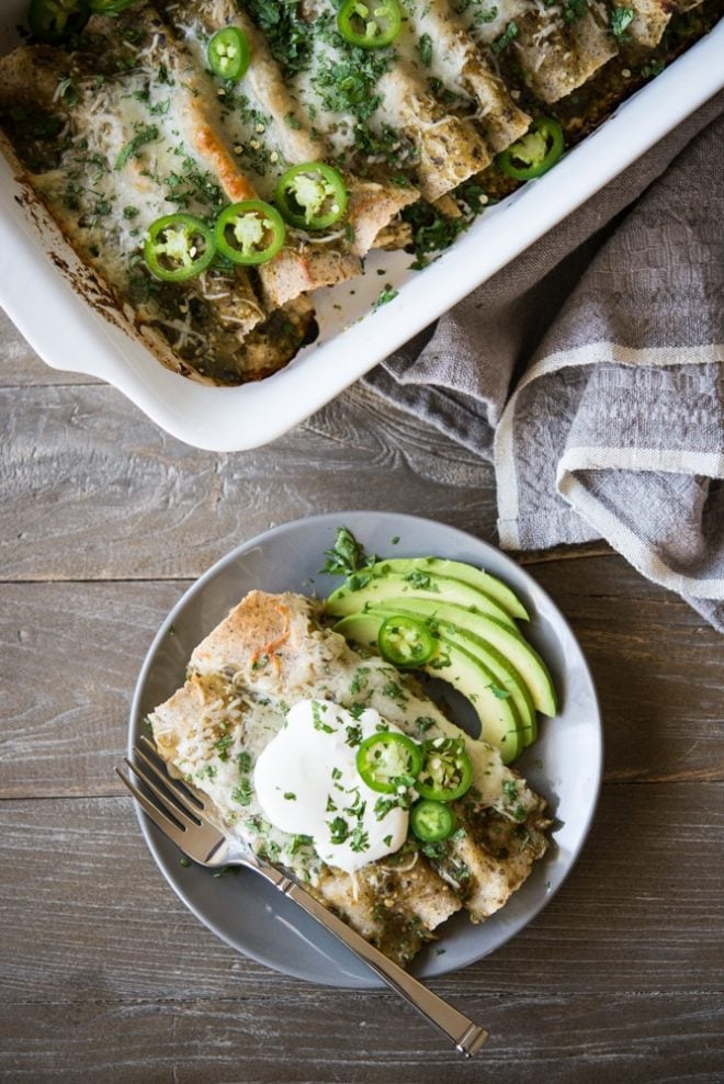 overhead view of a plate of chicken enchiladas verde