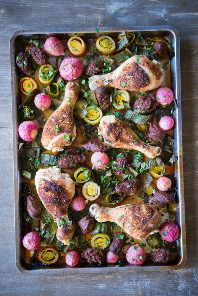 overhead view of chicken chorizo sheet pan dinner