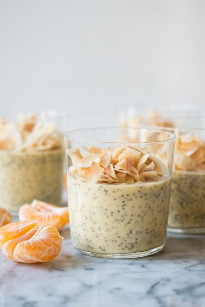 clear glasses of Creamsicle Chia Pudding