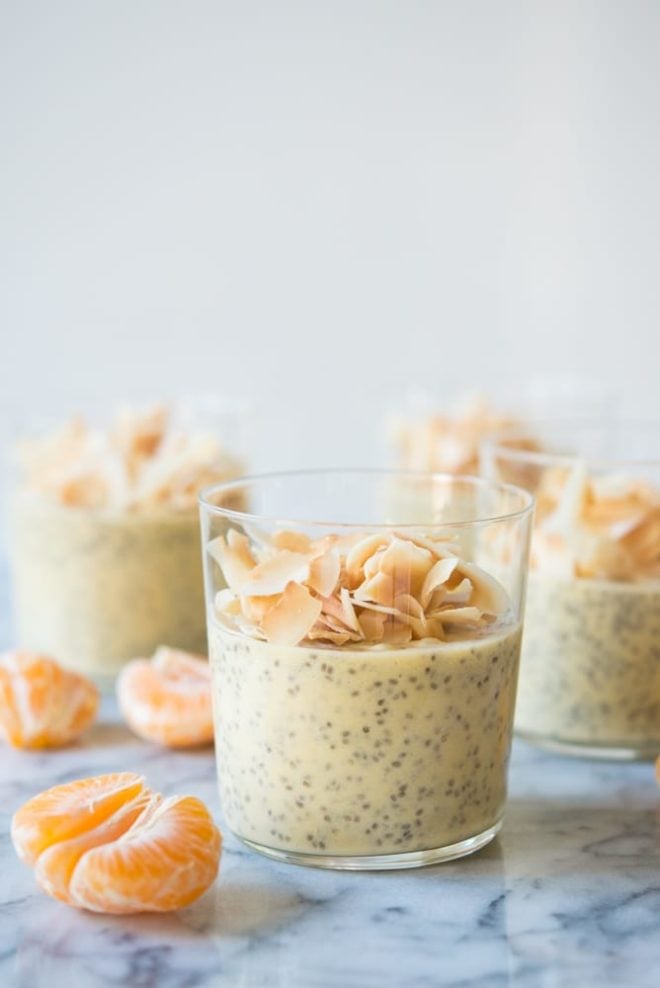 clear glasses of Creamsicle Chia Pudding