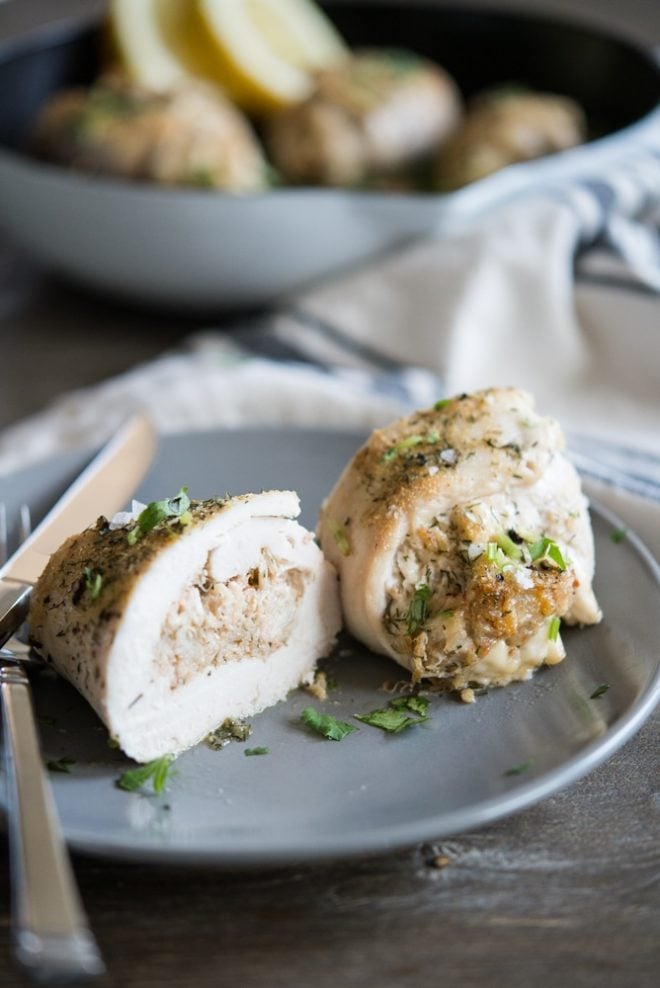 Crab Stuffed Chicken Breast on a gray plate