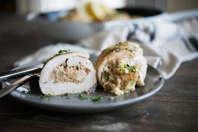 Crab Stuffed Chicken Breast on a gray plate