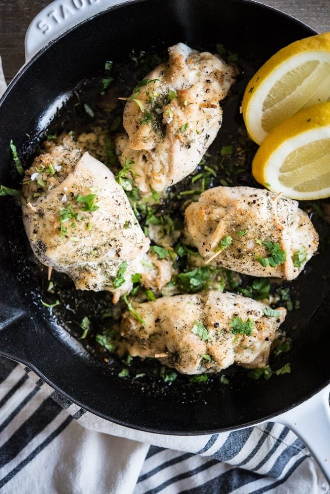 overhead view of Crab Stuffed Chicken Breast in a skillet