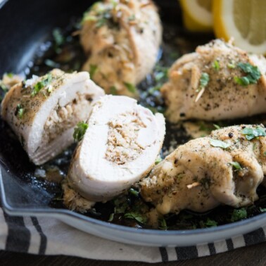 Crab Stuffed Chicken Breast in a skillet