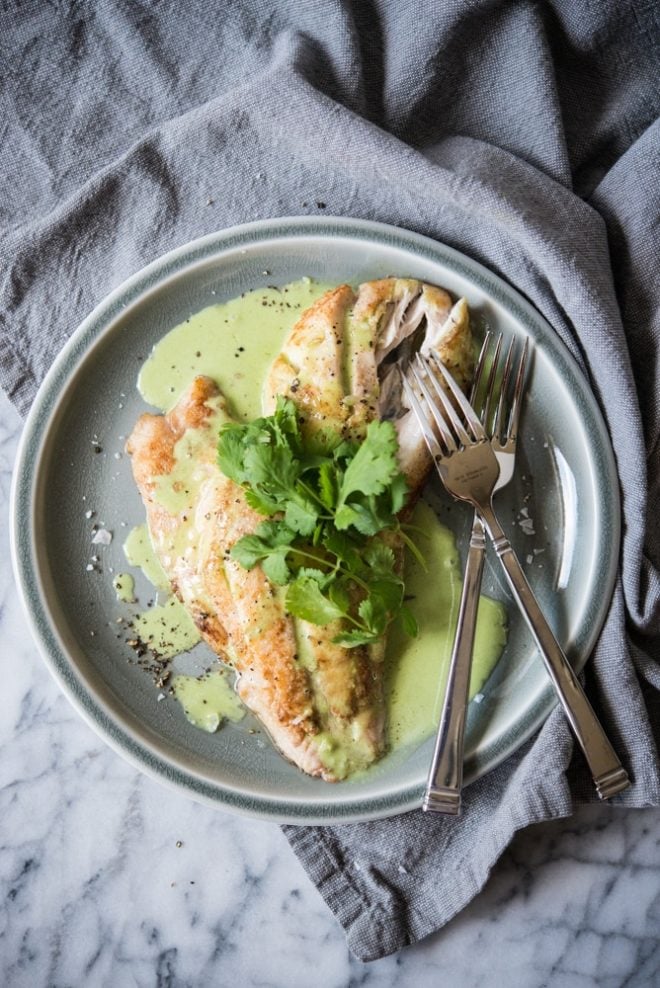 Pan Fried Butter Snapper topped with cilantro cream sauce and fresh cilantro leaves on a gray plate