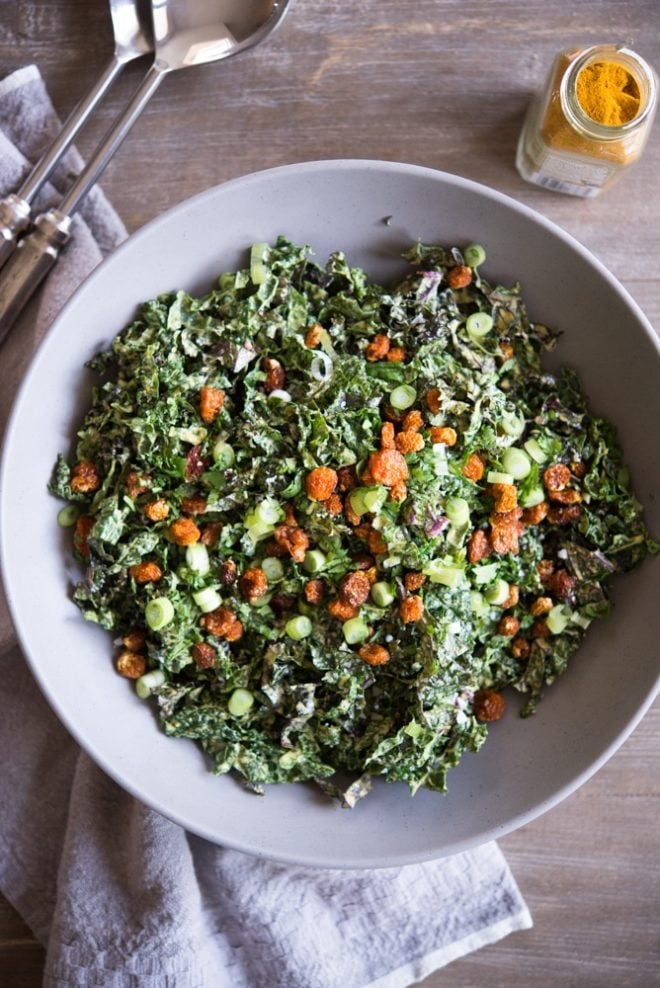 overhead view of bowl of Curried Kale Salad Fed