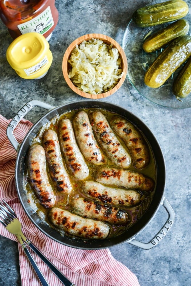 One-Pan Boiled Brats with Sweet Onions & Hard Apple Cider