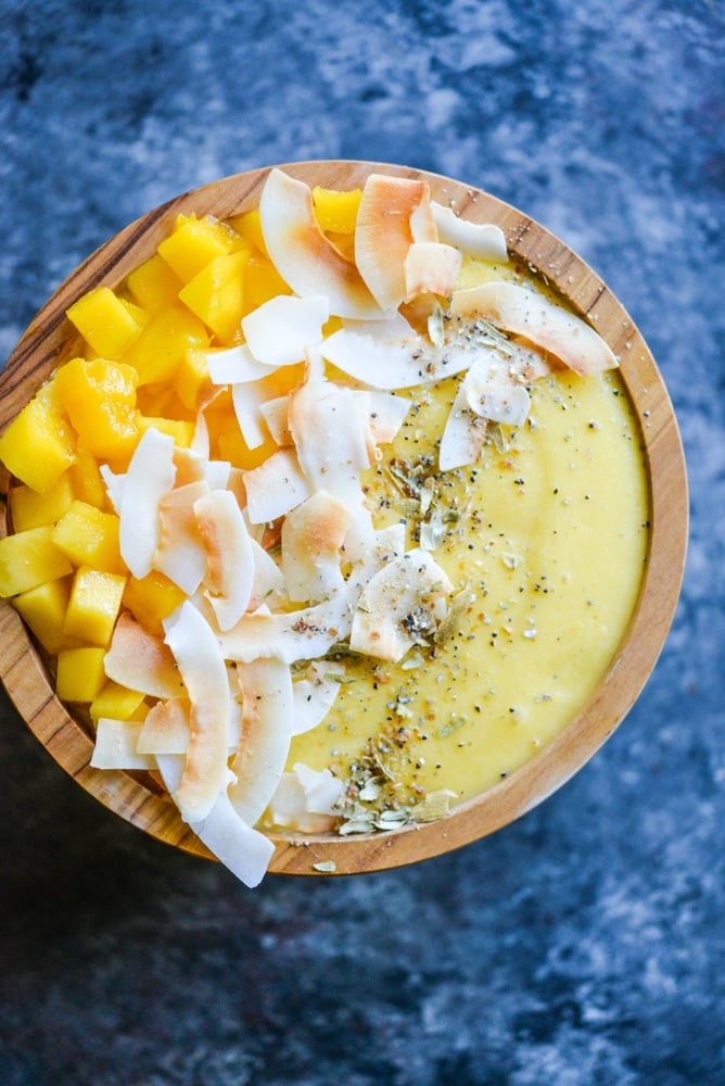 DIY Egg Free Breakfast Mango Lassi Smoothie Bowl