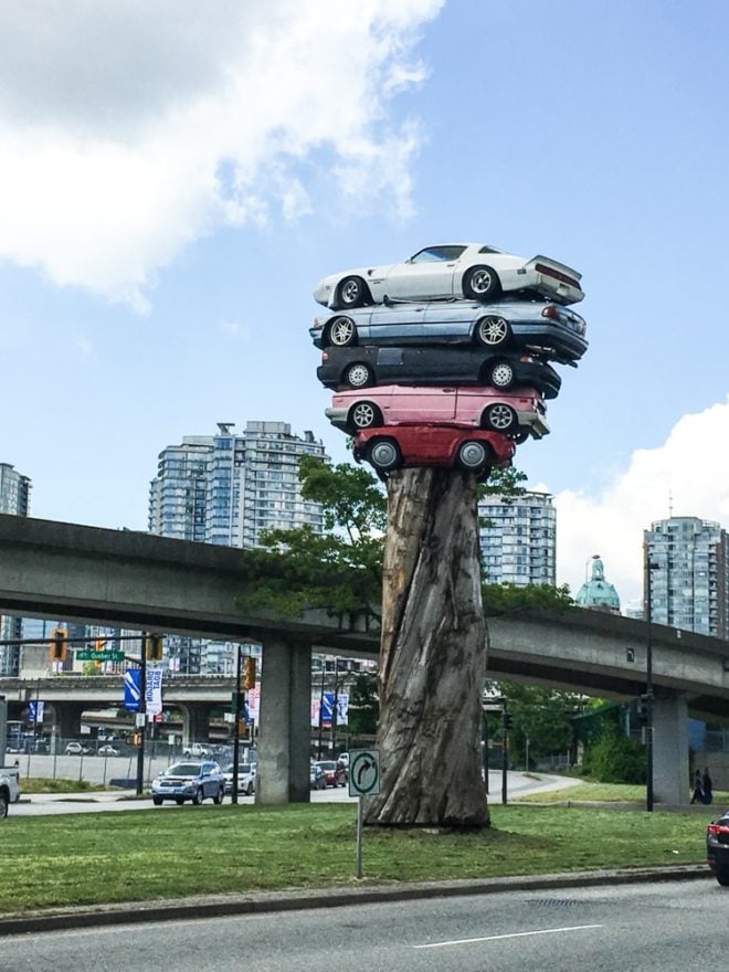 art installation with three cars in Vancouver