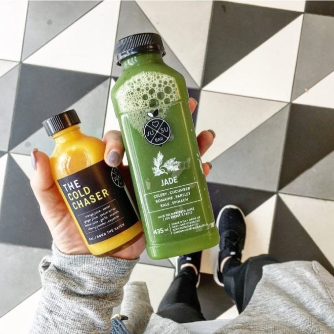 green juice and a wellness shot
