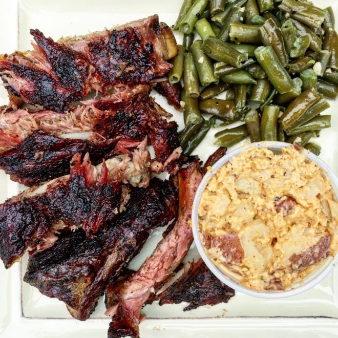 barbecue ribs and green beans and potato salad