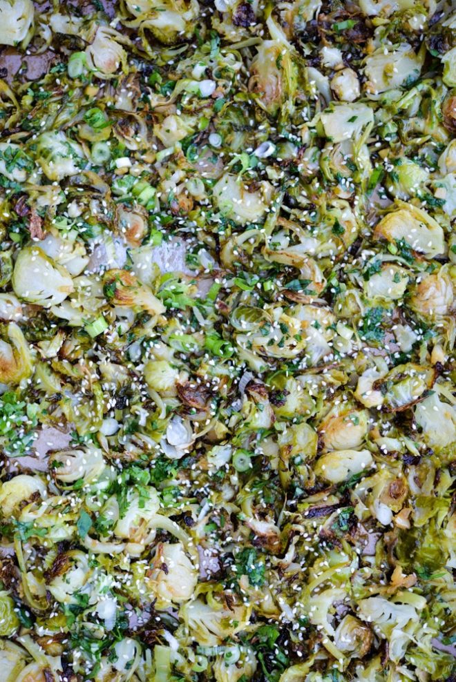 overhead view of asian Brussel sprouts slaw