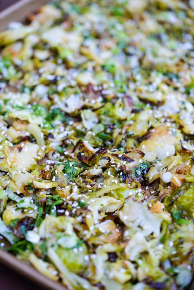  sheet pan of asian Brussel sprouts slaw