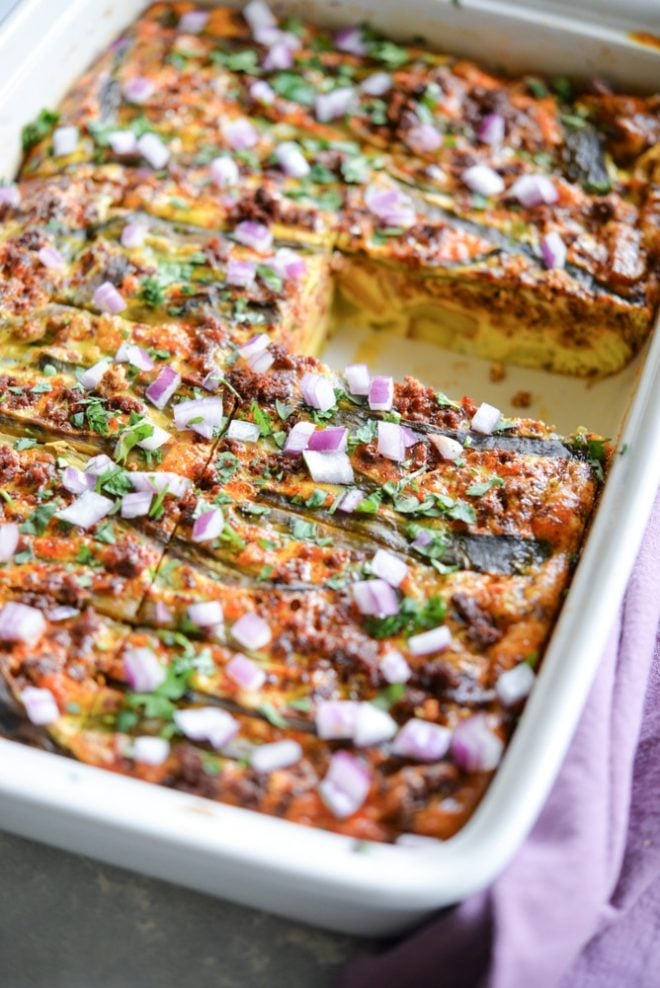 a white casserole dish of Chile relleno breakfast casserole