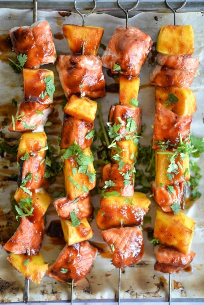 BBQ salmon mango kabobs