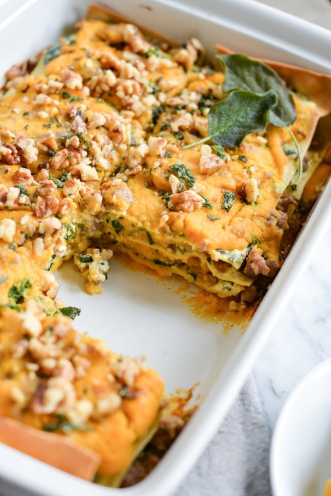 This Paleo & gluten free butternut squash lasagna is absolute fall comfort food, featuring a creamy squash puree, ricotta (DF option included), and savory fried sage.