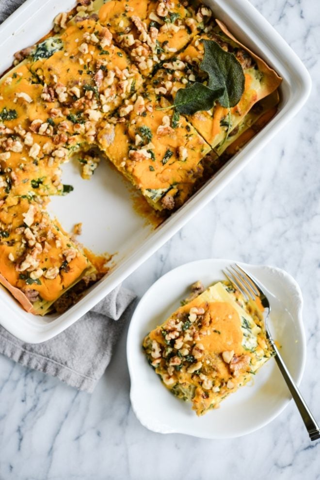 This Paleo & gluten free butternut squash lasagna is absolute fall comfort food, featuring a creamy squash puree, ricotta (DF option included), and savory fried sage.