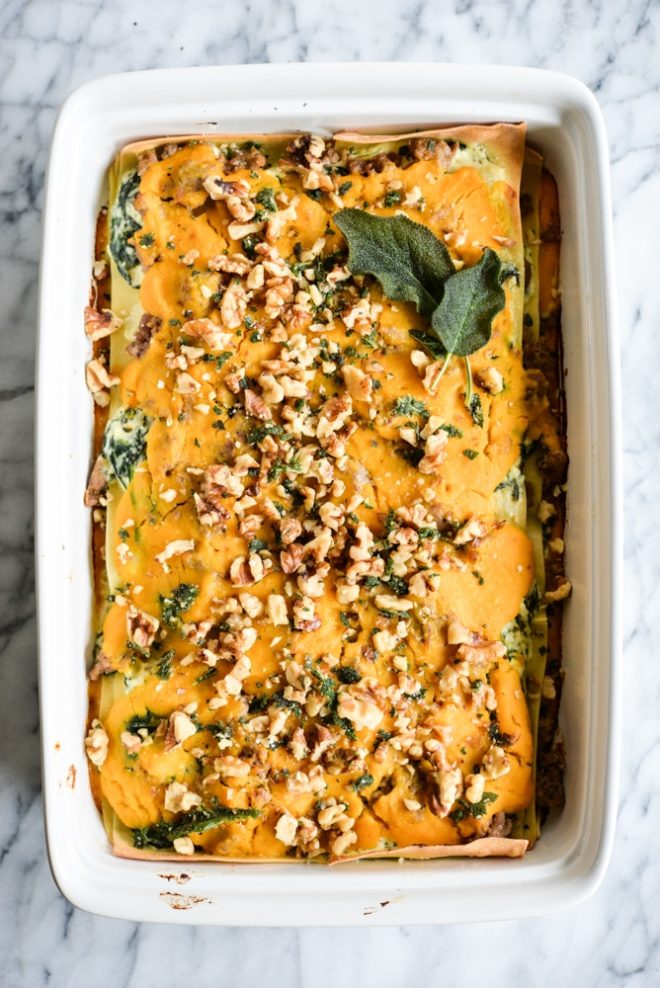 This Paleo & gluten free butternut squash lasagna is absolute fall comfort food, featuring a creamy squash puree, ricotta (DF option included), and savory fried sage.