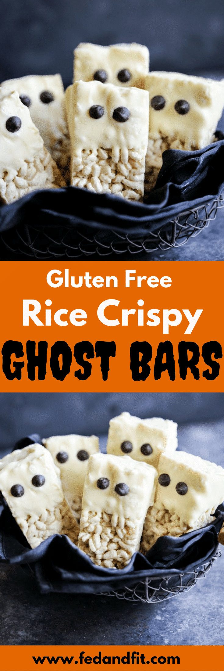 These gluten free rice krispie ghost bars are the perfect cute and festive Halloween dessert that are easy to make and guaranteed to be a hit at your Halloween party or as a surprise spooky treat in your kid's lunchbox!