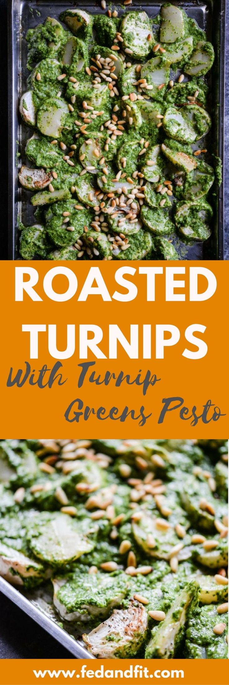 Take plain roasted turnips to the next level by tossing them in this lemon & garlic turnip greens pesto for a new spin on the classic root vegetable! | Fed & Fit