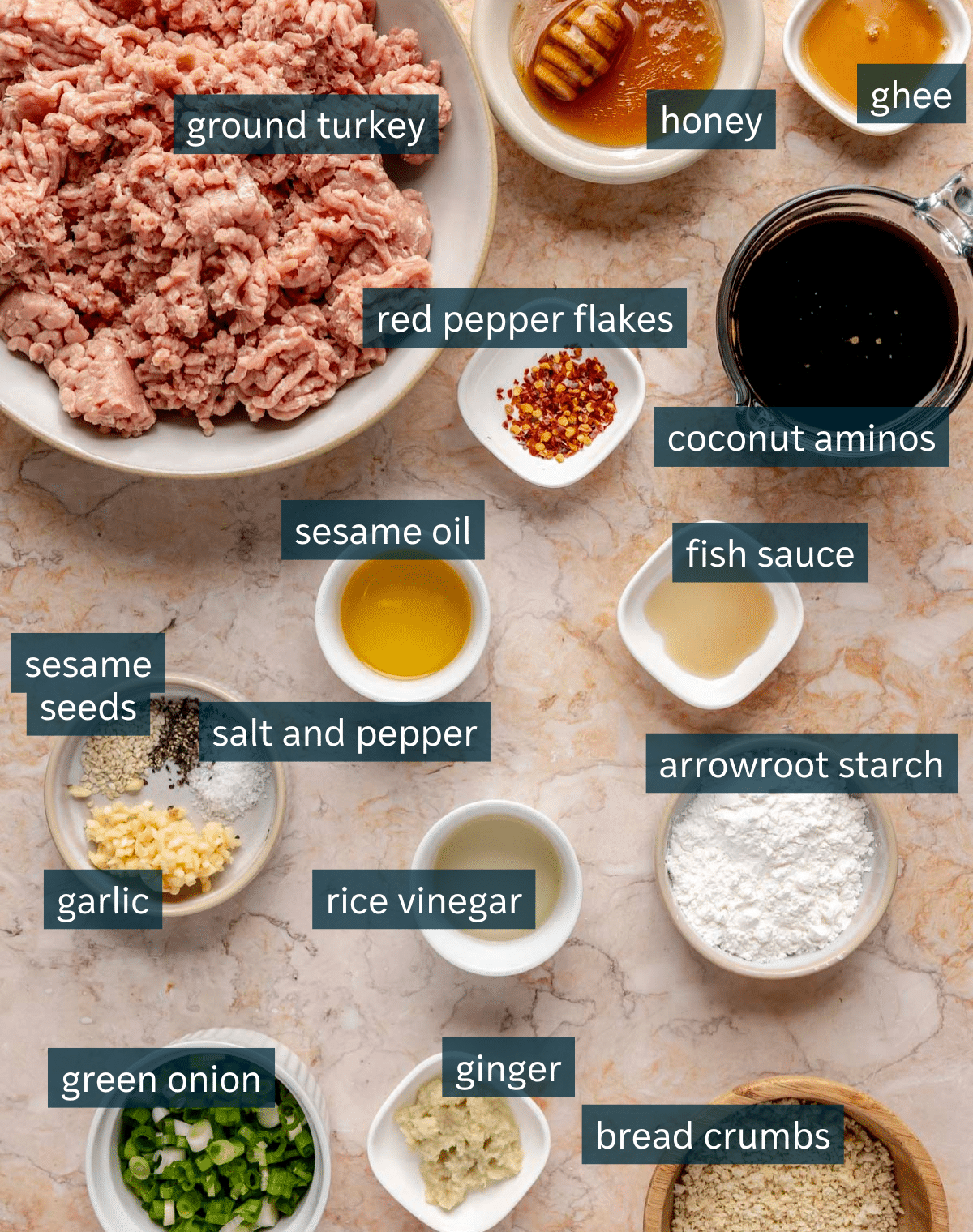 All of the ingredients for slow cooker turkey teriyaki meatballs.
