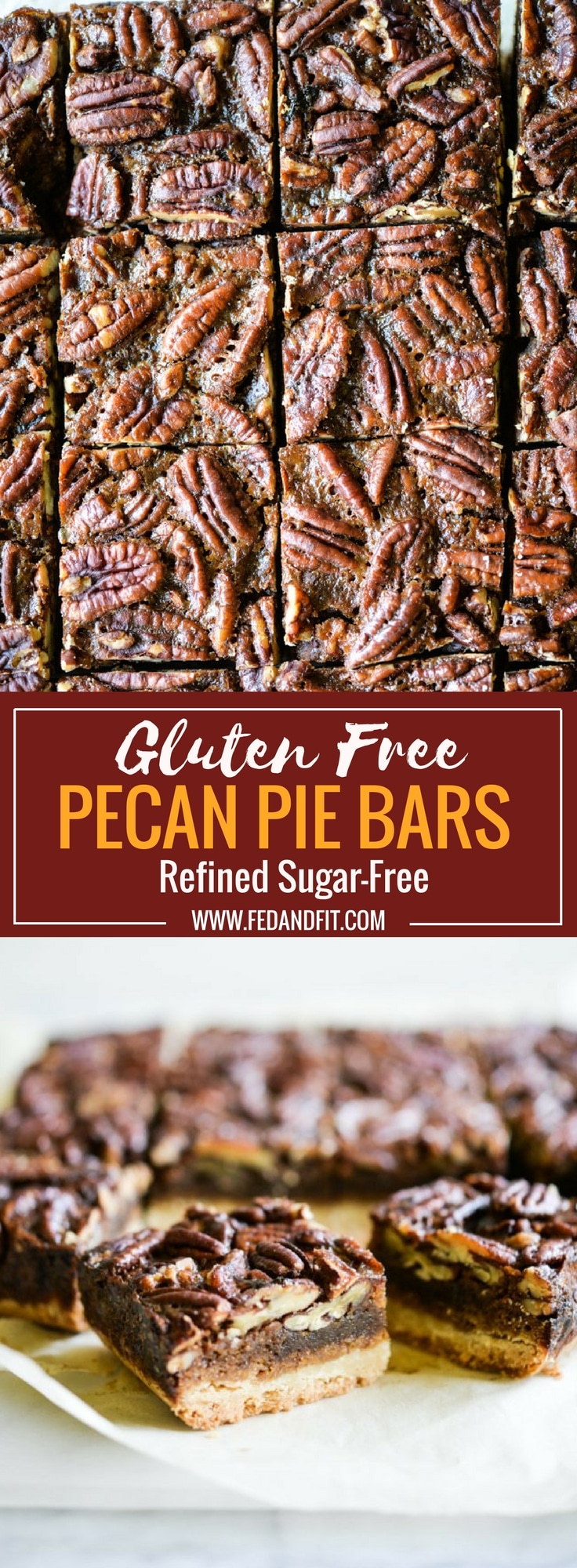 These pecan pie bars are gluten and refined sugar-free and combine traditional pecan pie filling with a buttery shortbread crust. They are perfect to impress your guests this holiday season! | Fed & Fit