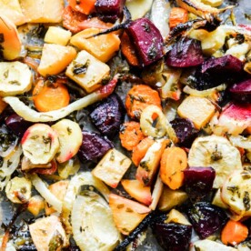 This winter root veggie roast combines carrots, parsnips, beets, fennel, and more until crisp with a flavorful lemon-parsley vinaigrette. It is the perfect way to enjoy the season's bounty of root vegetables!