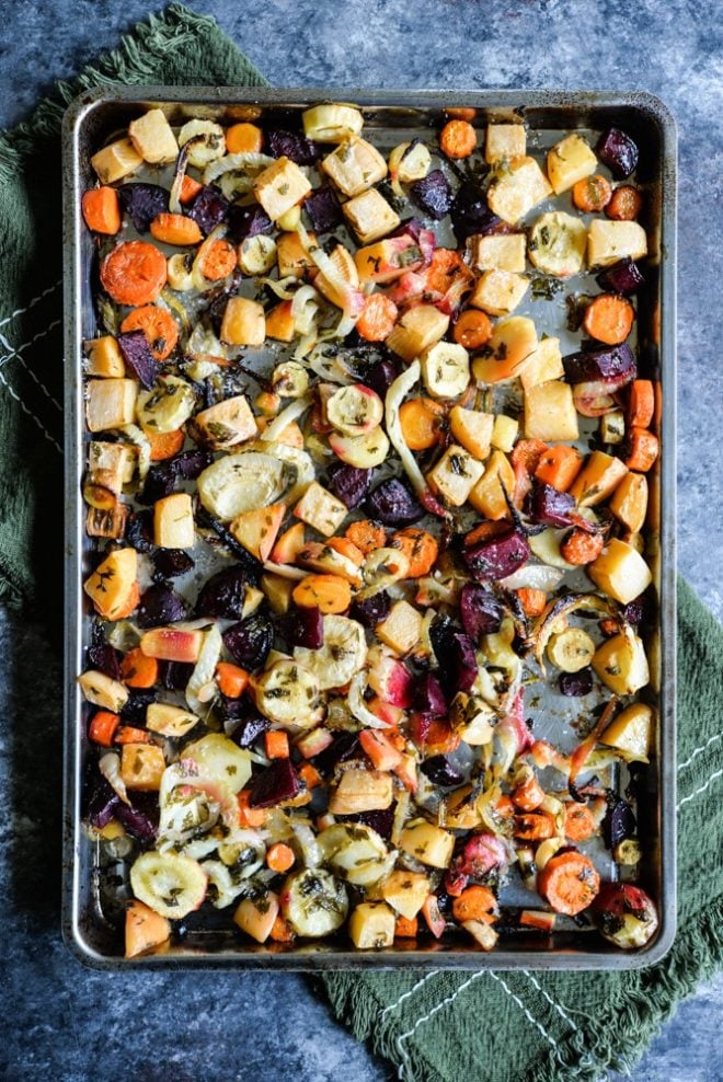 This winter root veggie roast combines carrots, parsnips, beets, fennel, and more until crisp with a flavorful lemon-parsley vinaigrette. It is the perfect way to enjoy the season's bounty of root vegetables!